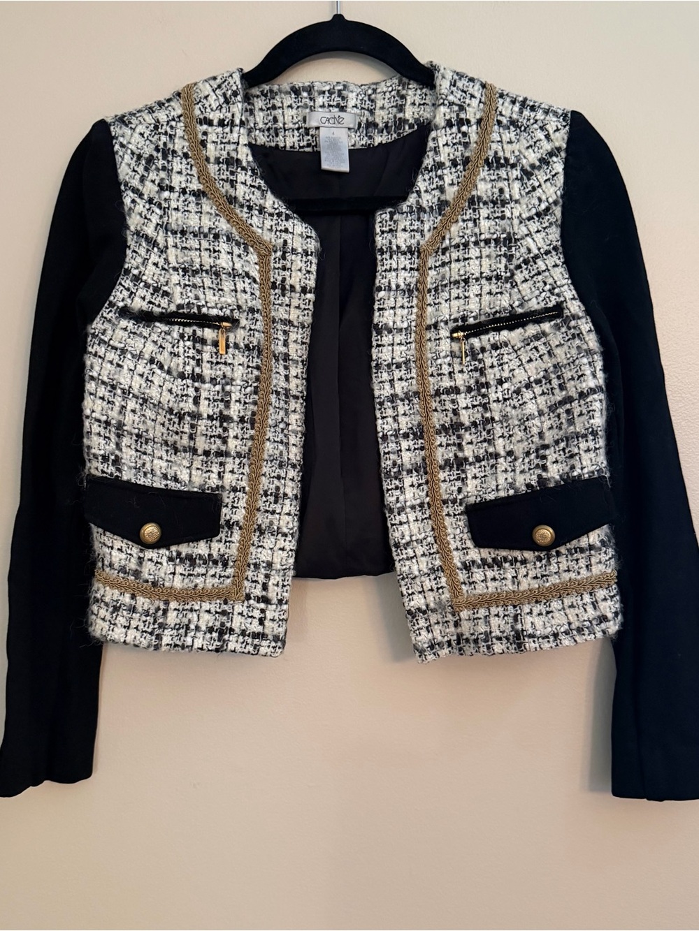 Cache Black White Tweed Gold Trim Lady Jacket Blazer Size 4 - Picture 2 of 7